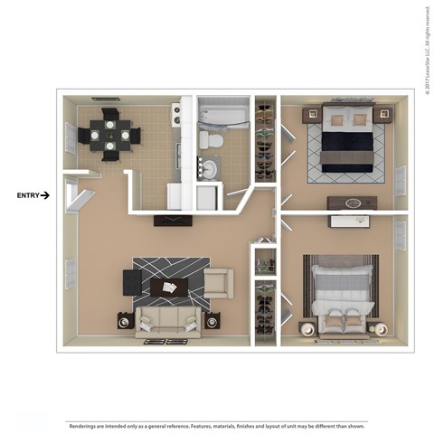 Floor plan for 2 beds, 1 bath, 725 sqft